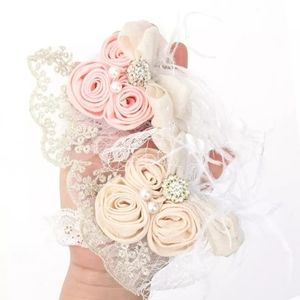 Baby Girl Vintage Lace Jewel Pearls Feathers Festive Hairband Baby Pink & Ivory